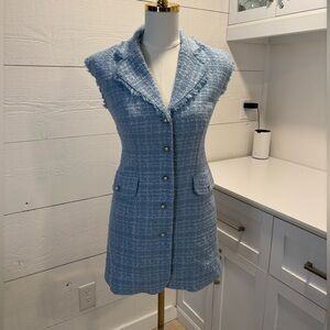 Maeve Anthropologie Blue Tweed Sleeveless Mini Dress 00P Pearl Button trim fray